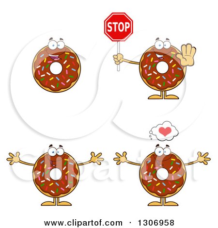 Clipart of Cartoon Happy Round Chocolate Sprinkled Donut Characters Holding a Stop Sign and Welcoming - Royalty Free Vector Illustration by Hit Toon