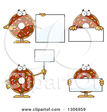 Clipart of Cartoon Happy Round Chocolate Sprinkled Donut Characters Holding Blank Signs - Royalty Free Vector Illustration by Hit Toon