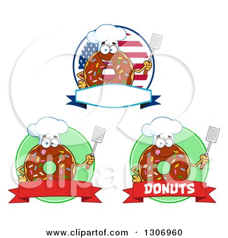 Clipart of Cartoon Labels of Happy Round Chocolate Sprinkled Donut Chef Characters over Banners and Circles - Royalty Free Vector Illustration by Hit Toon