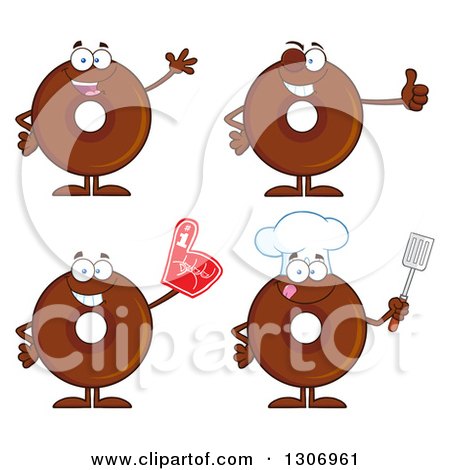 Clipart of Cartoon Happy Round Chocolate Donut Chef Characters Waving, Giving a Thumb Up, Wearing a Foam Finger and Holding a Spatula - Royalty Free Vector Illustration by Hit Toon