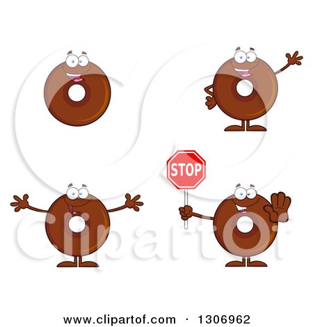 Clipart of Cartoon Happy Round Chocolate Donut Characters Smiling, Waving, Welcoming and Holding a Stop Sign - Royalty Free Vector Illustration by Hit Toon