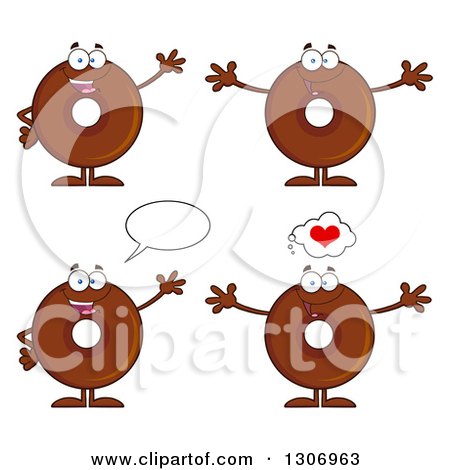 Clipart of Cartoon Happy Round Chocolate Donut Characters Waving, Welcoming and Talking - Royalty Free Vector Illustration by Hit Toon