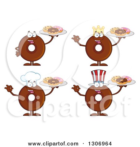 Clipart of Cartoon Happy Round Chocolate Donut Characters Holding Trays of Doughnuts - Royalty Free Vector Illustration by Hit Toon