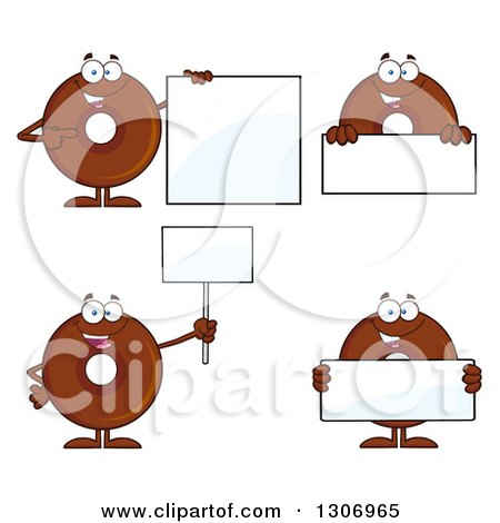 Clipart of Cartoon Happy Round Chocolate Donut Characters Holding Blank Signs - Royalty Free Vector Illustration by Hit Toon