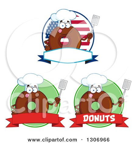 Clipart of Cartoon Labels of Happy Round Chocolate Donut Chef Characters Holding Spatulas - Royalty Free Vector Illustration by Hit Toon