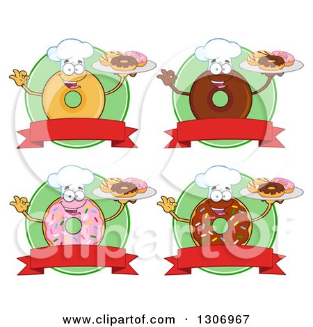 Clipart of Cartoon Happy Round Donut Characters Holding Doughuts over Blank Banners and Green Circles - Royalty Free Vector Illustration by Hit Toon