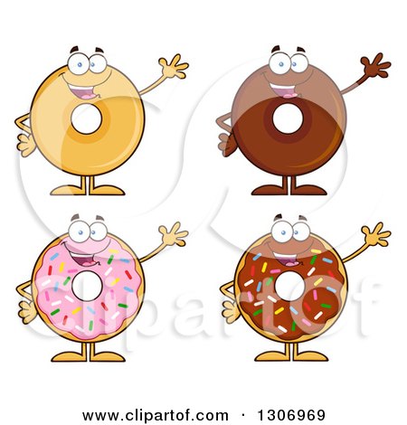 Clipart of Cartoon Happy Round Donut Characters Waving - Royalty Free Vector Illustration by Hit Toon