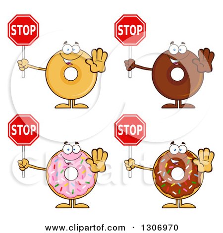 Clipart of Cartoon Happy Round Donut Characters Gesturing and Holding Stop Signs - Royalty Free Vector Illustration by Hit Toon