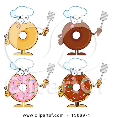 Clipart of Cartoon Happy Round Donut Chef Characters Holding Spatulas - Royalty Free Vector Illustration by Hit Toon