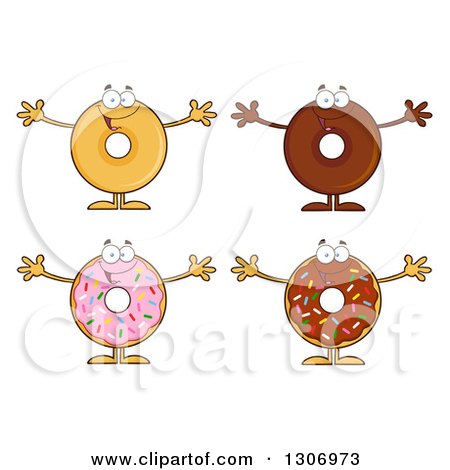Clipart of Cartoon Happy Round Donut Characters Welcoming - Royalty Free Vector Illustration by Hit Toon