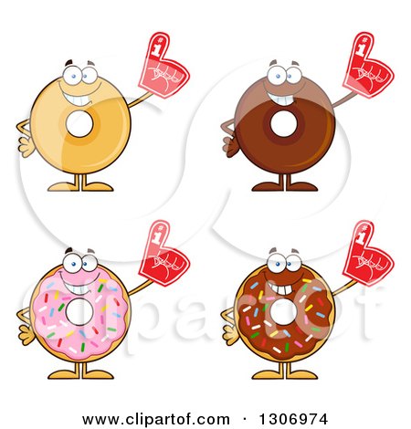 Clipart of Cartoon Happy Round Donut Characters Wearing Foam Fingers - Royalty Free Vector Illustration by Hit Toon