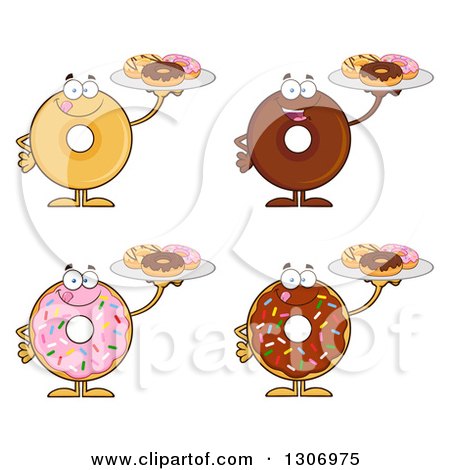 Clipart of Cartoon Happy Round Donut Characters Licking Thier Lips and Holding Trays of Doughnuts - Royalty Free Vector Illustration by Hit Toon