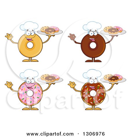 Clipart of Cartoon Happy Round Donut Chef Characters Holding Plates of Doughnuts - Royalty Free Vector Illustration by Hit Toon