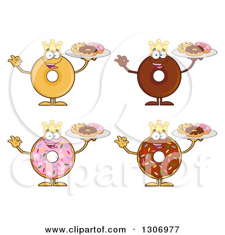 Clipart of Cartoon Happy Round King Donut Characters Holding Trays of Doughnuts - Royalty Free Vector Illustration by Hit Toon