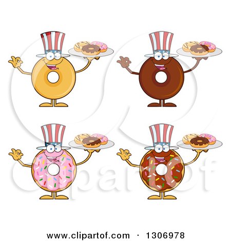 Clipart of Cartoon Happy Round American Uncle Sam Donut Characters Holding Trays of Doughnuts - Royalty Free Vector Illustration by Hit Toon