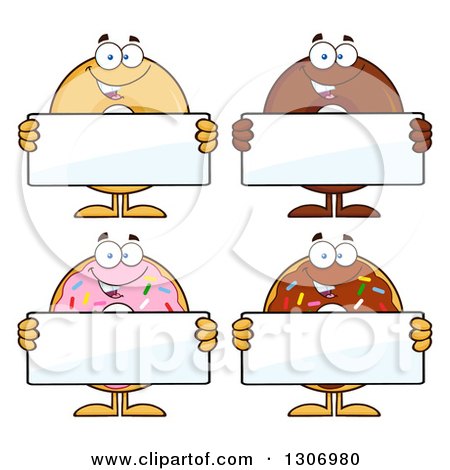 Clipart of Cartoon Happy Round Donut Characters Holding Blank Signs - Royalty Free Vector Illustration by Hit Toon