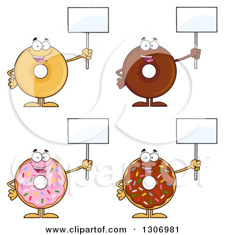 Clipart of Cartoon Happy Round Donut Characters Holding up Blank Signs - Royalty Free Vector Illustration by Hit Toon