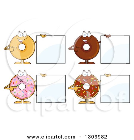 Clipart of Cartoon Happy Round Donut Characters Holding and Pointing to Blank Signs - Royalty Free Vector Illustration by Hit Toon
