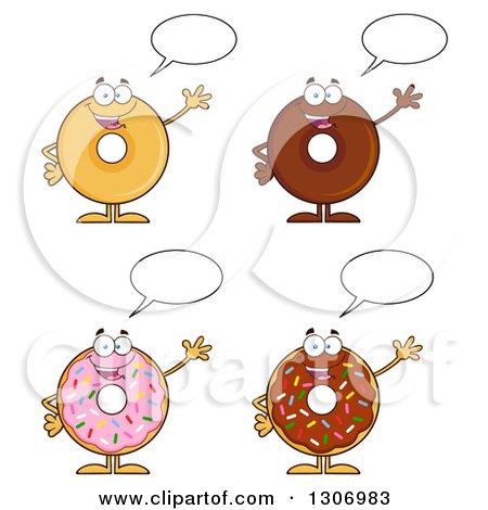 Clipart of Cartoon Happy Round Donut Characters Waving and Talking - Royalty Free Vector Illustration by Hit Toon