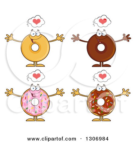 Clipart of Cartoon Happy Round Donut Characters with Hearts and Open Arms - Royalty Free Vector Illustration by Hit Toon