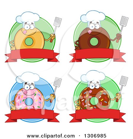 Clipart of Cartoon Happy Round Donut Chef Characters Holding Spatulas over Blank Banners and Green Circles - Royalty Free Vector Illustration by Hit Toon