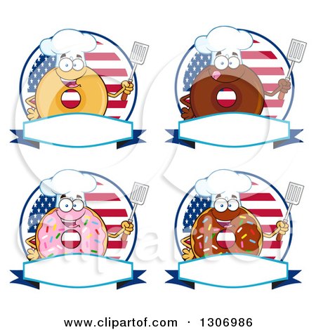 Clipart of Cartoon Happy Round Donut Chef Characters Holding Spatulas over Blank Banners and American Flag Circles - Royalty Free Vector Illustration by Hit Toon
