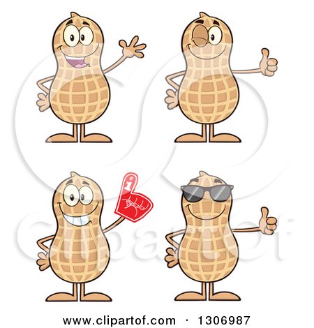 Clipart of Cartoon Happy Peanut Characters Waving, Giving a Thumb Up, Wearing a Foam Finger and Wearing Sunglasses - Royalty Free Vector Illustration by Hit Toon