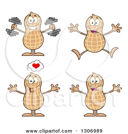 Clipart of Cartoon Happy Peanut Characters Working Out, Jumping, and Welcoming - Royalty Free Vector Illustration by Hit Toon