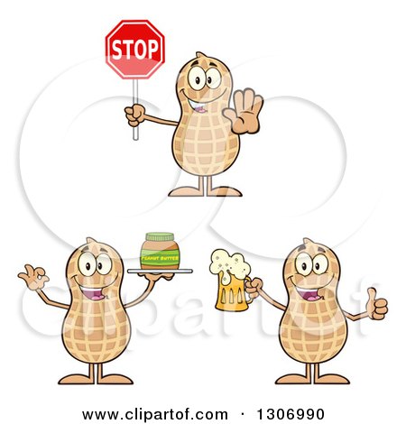 Clipart of Cartoon Happy Peanut Characters Holding a Stop Sign, Beer and Jar of Butter - Royalty Free Vector Illustration by Hit Toon