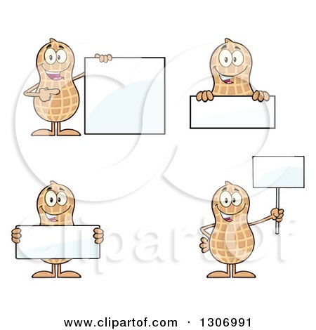 Clipart of Cartoon Happy Peanut Characters with Blank Signs - Royalty Free Vector Illustration by Hit Toon