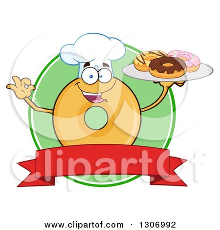 Clipart of a Cartoon Round Glazed or Plain Chef Donut Character Gesturing Ok and Holding a Tray of Doughnuts over a Blank Banner and Green Circle - Royalty Free Vector Illustration by Hit Toon