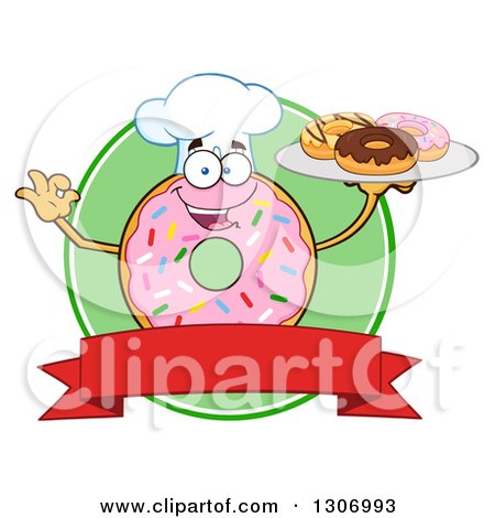 Clipart of a Cartoon Happy Round Pink Sprinkled Donut Chef Character Holding a Plate of Doughnuts over a Blank Banner and Green Circle - Royalty Free Vector Illustration by Hit Toon