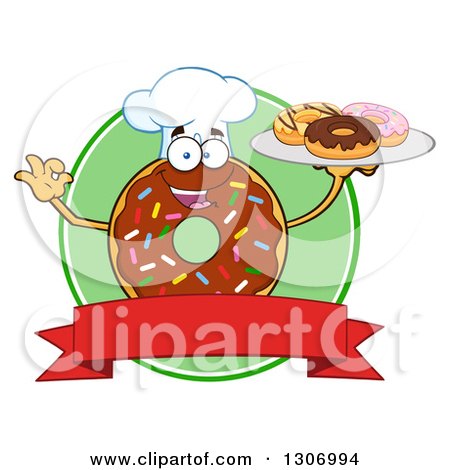 Clipart of a Cartoon Happy Round Chocolate Sprinkled Donut Chef Character Holding a Tray of Doughnuts over a Blank Banner and Green Circle Label - Royalty Free Vector Illustration by Hit Toon