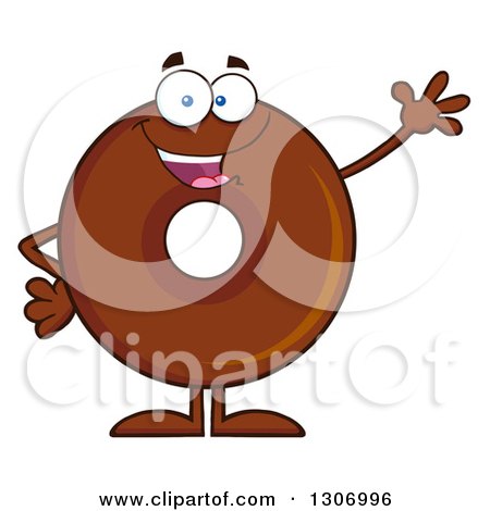 Clipart of a Cartoon Happy Friendly Waving Round Chocolate Donut Character - Royalty Free Vector Illustration by Hit Toon