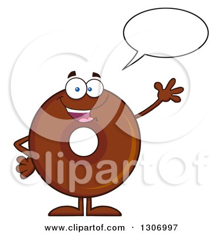 Clipart of a Cartoon Happy Talking and Waving Round Chocolate Donut Character - Royalty Free Vector Illustration by Hit Toon