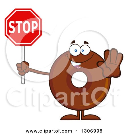Clipart of a Cartoon Happy Round Chocolate Donut Character Holding a Stop Sign - Royalty Free Vector Illustration by Hit Toon