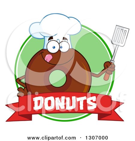 Clipart of a Cartoon Happy Round Chocolate Donut Chef Character Holding a Spatula over a Banner in a Green Circle - Royalty Free Vector Illustration by Hit Toon