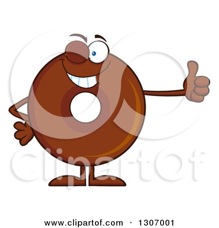 Clipart of a Cartoon Happy Round Chocolate Donut Character Giving a Thumb up and Winking - Royalty Free Vector Illustration by Hit Toon