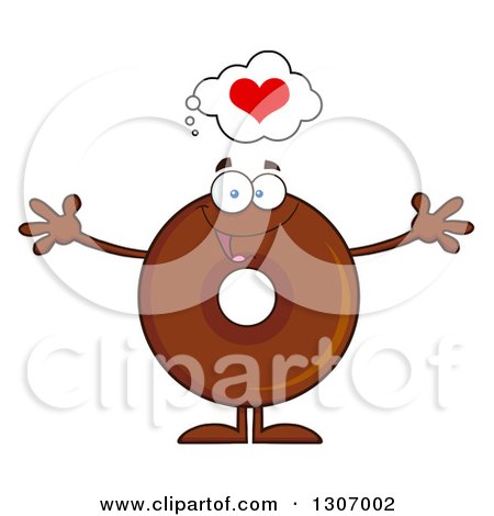 Clipart of a Cartoon Loving Round Chocolate Donut Character Welcoming - Royalty Free Vector Illustration by Hit Toon