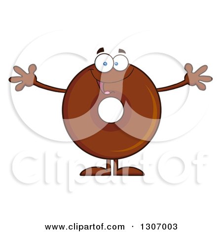 Clipart of a Cartoon Happy Round Chocolate Donut Character Welcoming - Royalty Free Vector Illustration by Hit Toon