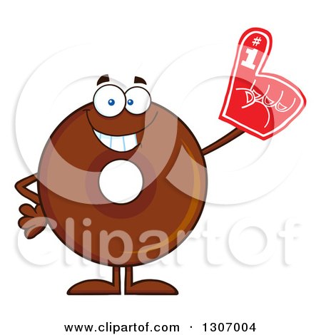 Clipart of a Cartoon Happy Round Chocolate Donut Character Wearing a Foam Finger - Royalty Free Vector Illustration by Hit Toon