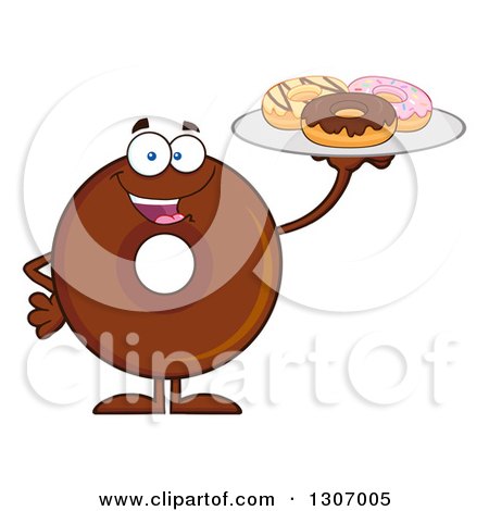 Clipart of a Cartoon Happy Round Chocolate Donut Character Holding up a Tray of Doughnuts - Royalty Free Vector Illustration by Hit Toon