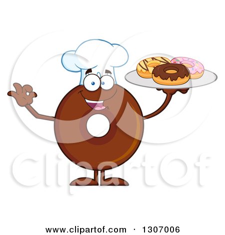 Clipart of a Cartoon Happy Round Chocolate Donut Chef Character Gesturing Ok and Holding a Tray of Doughnuts - Royalty Free Vector Illustration by Hit Toon