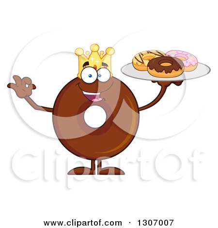 Clipart of a Cartoon Happy Round Chocolate Donut King Character Gesturing Ok and Holding a Tray of Doughnuts - Royalty Free Vector Illustration by Hit Toon