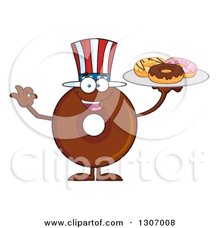 Clipart of a Cartoon Happy Round American Chocolate Donut Character Gesturing Ok and Holding a Tray of Doughnuts - Royalty Free Vector Illustration by Hit Toon