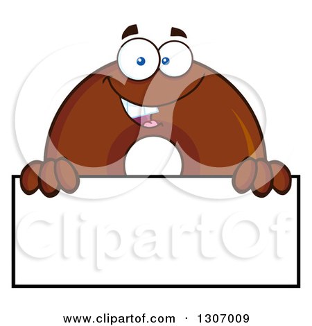 Clipart of a Cartoon Happy Round Chocolate Donut Character over a Blank Sign - Royalty Free Vector Illustration by Hit Toon