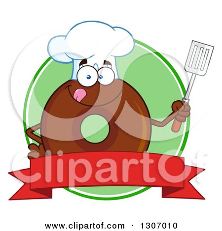 Clipart of a Cartoon Happy Round Chocolate Donut Chef Character Holding a Spatula over a Blank Banner in a Green Circle - Royalty Free Vector Illustration by Hit Toon