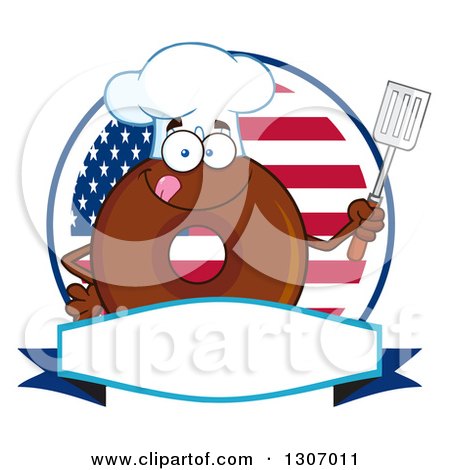 Clipart of a Cartoon Happy Round Chocolate Donut Chef Character Holding a Spatula over a Blank Banner in an American Circle - Royalty Free Vector Illustration by Hit Toon