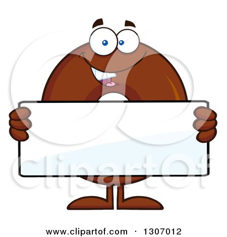 Clipart of a Cartoon Happy Round Chocolate Donut Character Holding a Blank Sign - Royalty Free Vector Illustration by Hit Toon