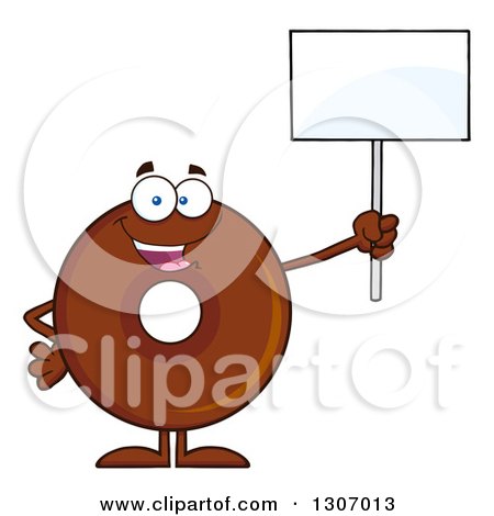 Clipart of a Cartoon Happy Round Chocolate Donut Character Holding up a Blank Sign - Royalty Free Vector Illustration by Hit Toon